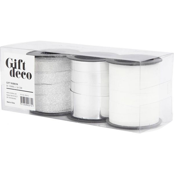 Cadeaukoord - zilver - zilver glitter - wit - 3 x 15 m Cadeaukoord - zilver - zilver glitter - wit - 3 x 15 m