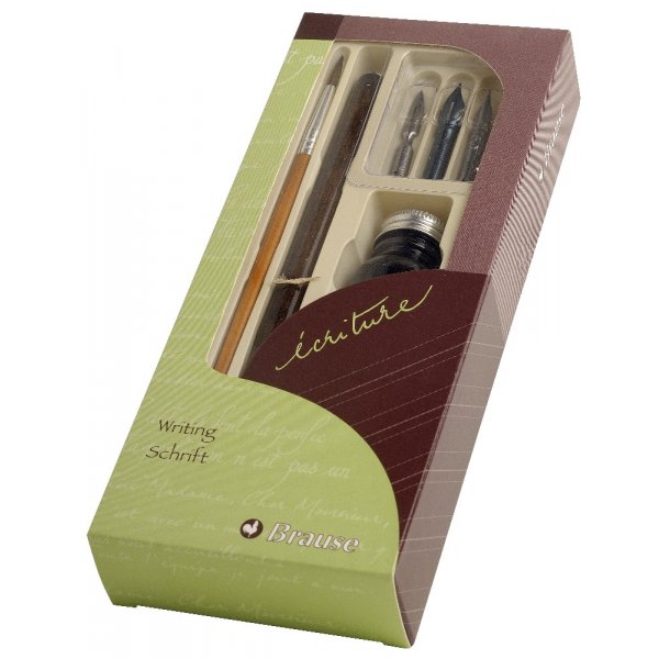 Schrijfset met handvat, penseel, 3 pinnen en inktflesje van 10 ml