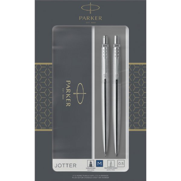 Pennenset Parker Jotter - Duoset balpen & pinpen - Roestvrij staal - Chromen rand