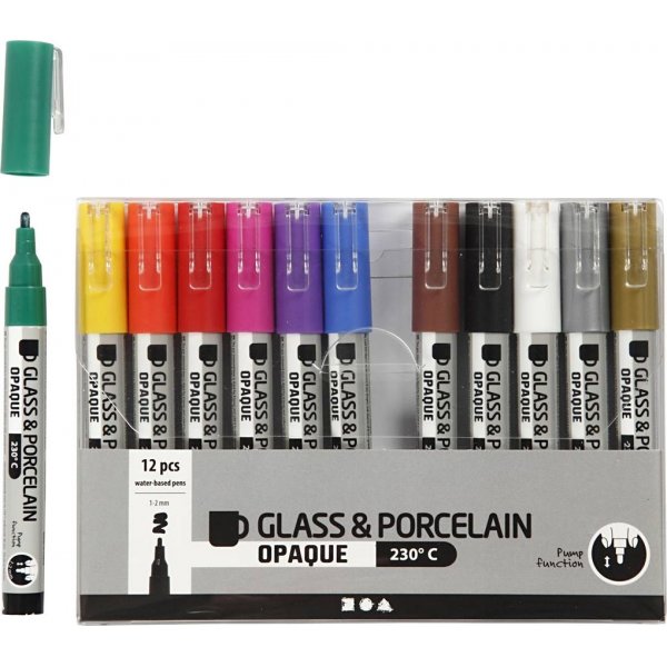Glas- en porseleinstiften - gemengde kleuren - semi-dekkend - 1-2 mm - 12 st