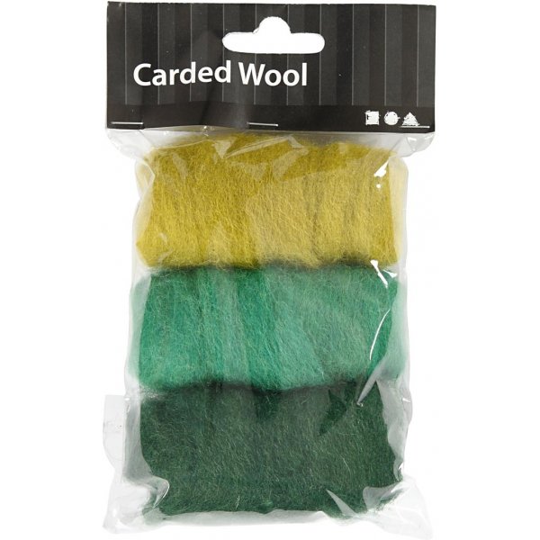 Gekaarde wol - groen/turkoois harmonie - 3 x 10 gr Gekaarde wol - groen/turkoois harmonie - 3 x 10 gr