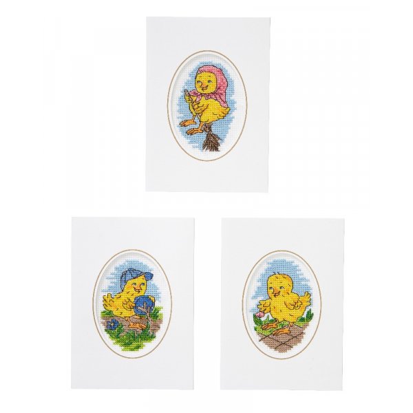 Borduurpakket Kort - Schattige kippen 3-pack