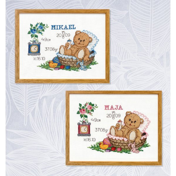 Borduurpakket Geboortehoroscoop - Teddybeer in mandje