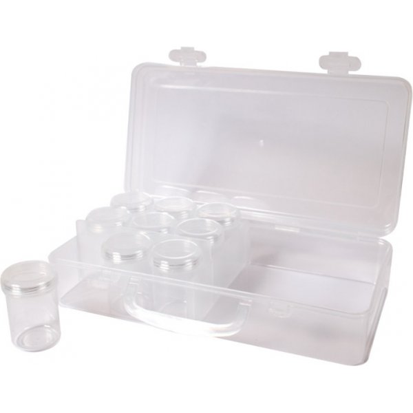 Opbergdoos 26 x 13 x 6 cm, 2 vakken met 9 ronde potten