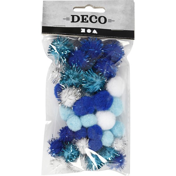 Pompons - lichtblauw - donkerblauw - wit - 48 st Pompons - lichtblauw - donkerblauw - wit - 48 st