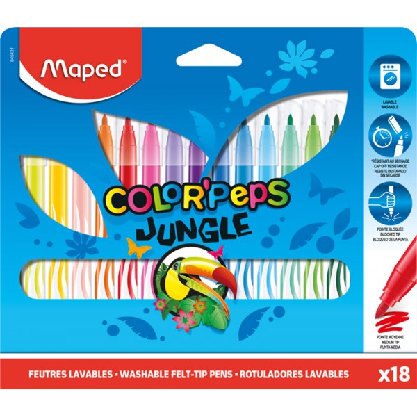 Vezelpennenset - Maped - Color'Peps "Long life" 18 wasbare pennen met jungle-thema