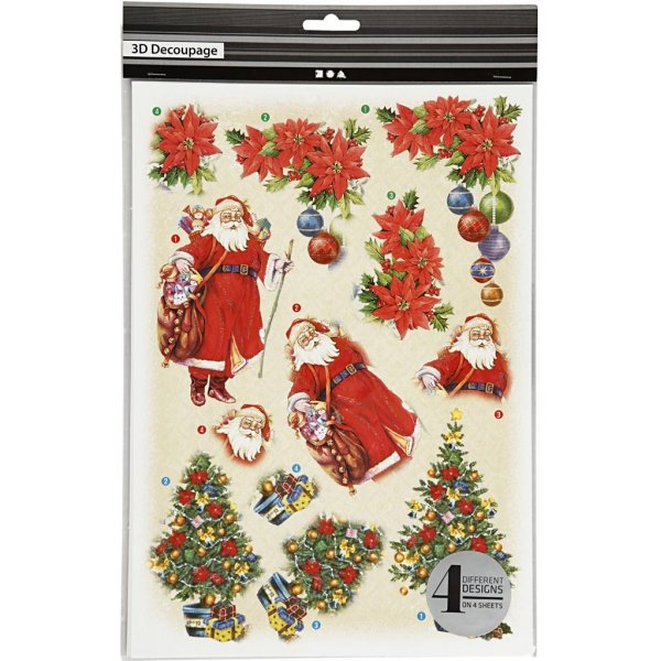 3D-motief - Kerstman en kerststerren - 4 vellen 3D-motief - Kerstman en kerststerren - 4 vellen