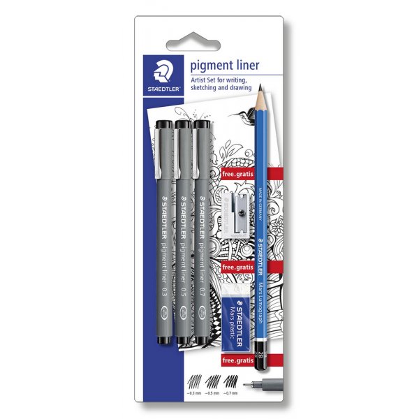 Pigmentliner Zwart - 7 stiften + stiften