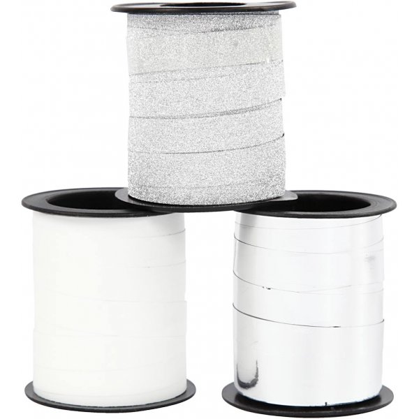 Cadeaukoord - zilver - zilver glitter - wit - 3 x 15 m Cadeaukoord - zilver - zilver glitter - wit - 3 x 15 m