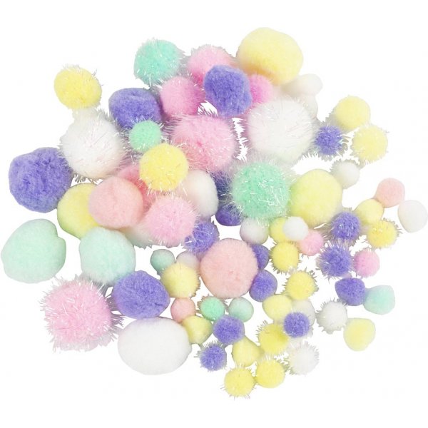 Pompons - pastelkleuren - glitter - 62 gr Pompons - pastelkleuren - glitter - 62 gr