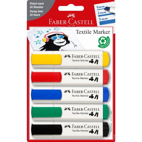 Textielstiften 5 kleuren - basiskleuren
