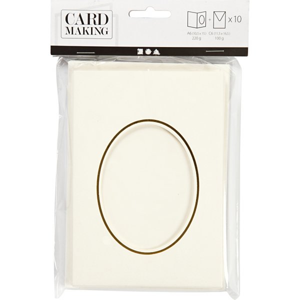 Passepartout kaart met envelop - gebroken wit - ovaal met gouden rand - 10 sets