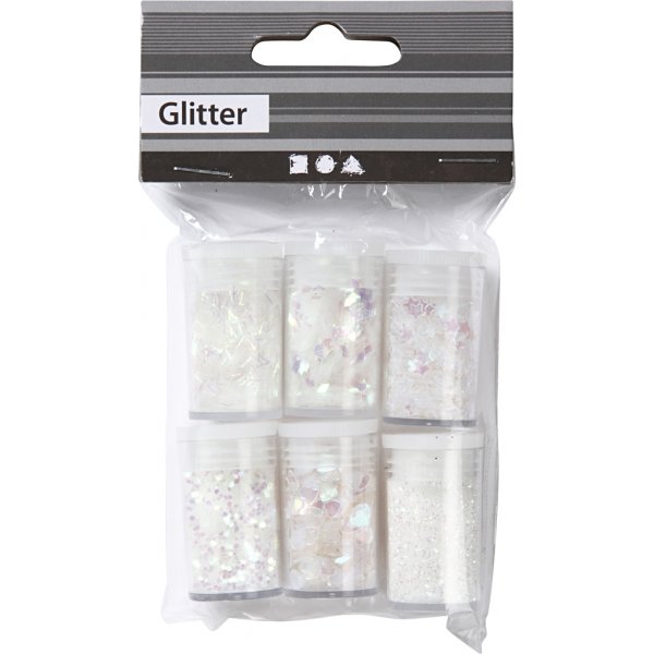 Glitter en pailletten - wit - 6 x 5 gr Glitter en pailletten - wit - 6 x 5 gr