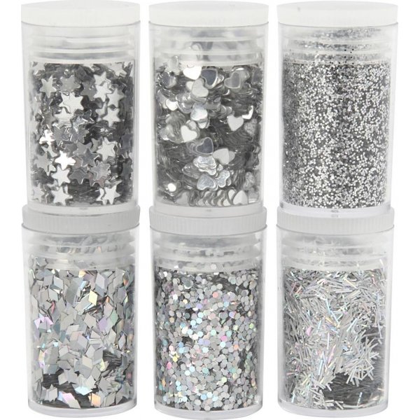 Glitter en pailletten - zilver - 6 x 5 gr