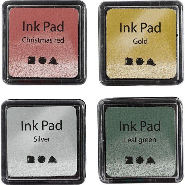 Stempelkussen 3,5 x 3,5 cm - goud - bladgroen - kerstrood - zilver - 4 st