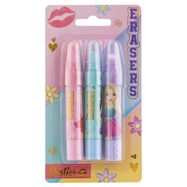 Gommen in lippenstiftformaat, 3-pack