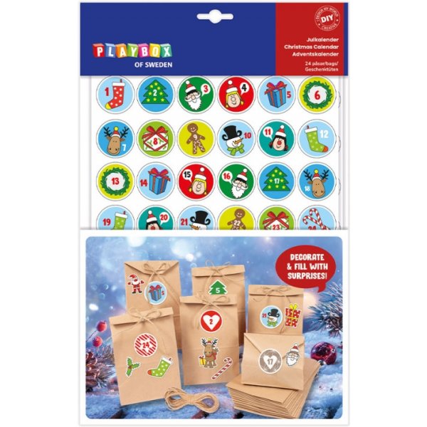 Knutselset Kerstkalender, 24 zakjes, 3 stickervellen