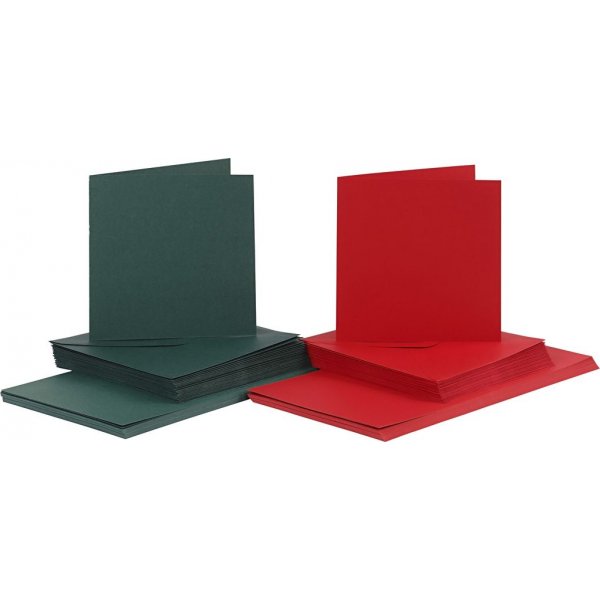 Kaarten en enveloppen - groen en rood 16 x 16 cm - 50 sets