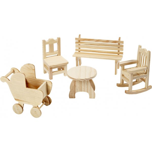 Minimeubels - 5-pack - stoel - bank - schommelstoel - tafel - kinderwagen Minimeubels - 5-pack - stoel - bank - schommelstoel - tafel - kinderwagen