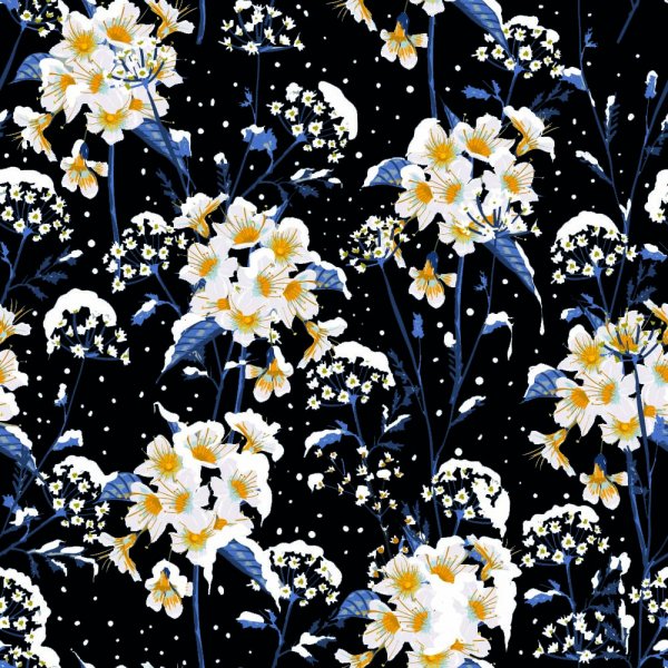 Tricot met patroon 150 cm - Sneeuwbloem zwart