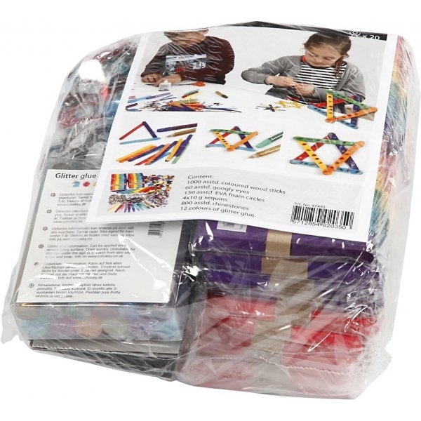 Glitter en houten stokjes - gemengde kleuren