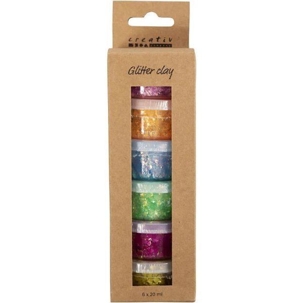 Glitterklei, gemengde kleuren, 6x20 ml Glitterklei, gemengde kleuren, 6x20 ml