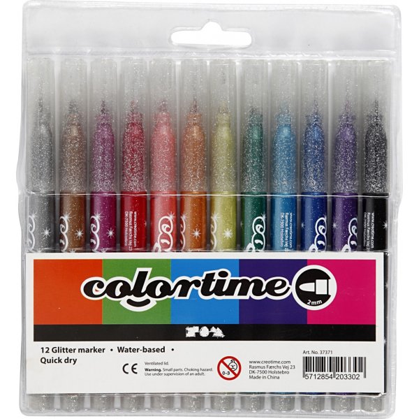 Colortime Glittermarker - gemengde kleuren - 2 mm - 12 st