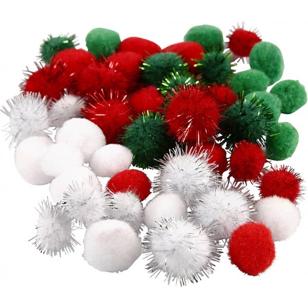 Pompons - groen - rood - wit - 48 st Pompons - groen - rood - wit - 48 st