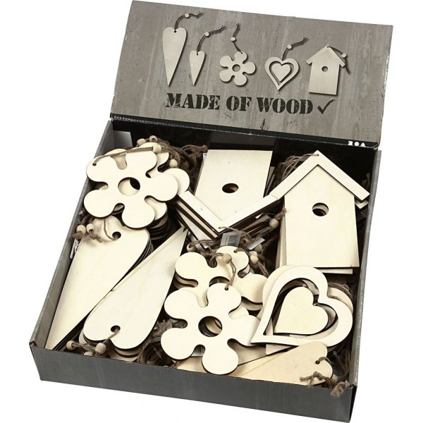Houten decoraties 5 verschillende designs - 100 st