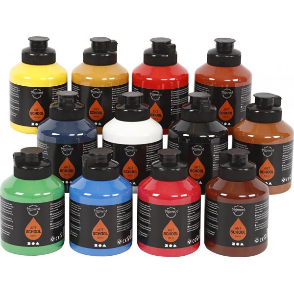 Pigment Art School - standaardkleuren - halfglanzend - 12 x 500 ml Pigment Art School - standaardkleuren - halfglanzend - 12 x 500 ml
