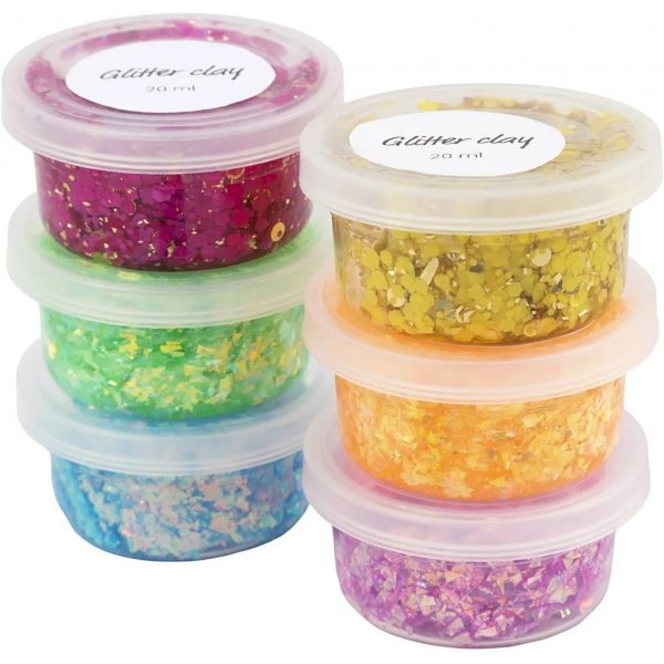 Glitterklei, gemengde kleuren, 6x20 ml