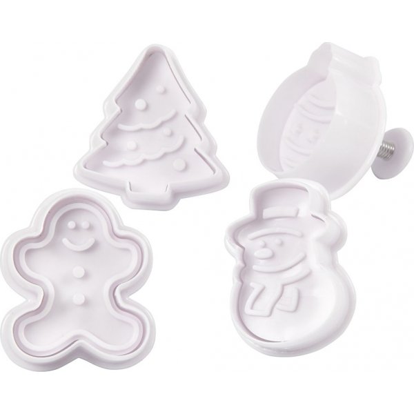 Koekjesvormer met relif - wit - kerstboom - sneeuwpop - peperkoekmannetje - bal