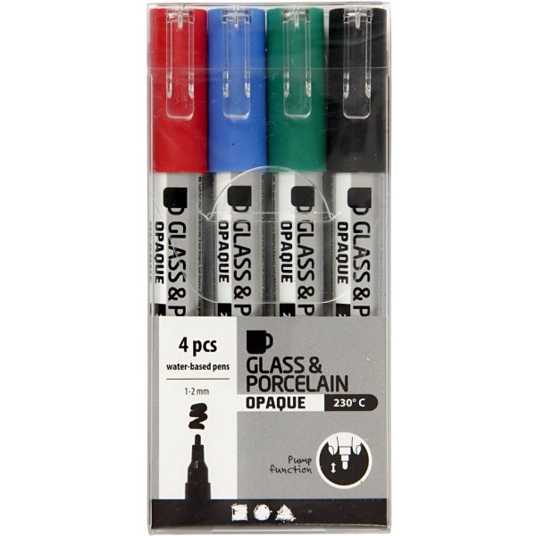 Glas- en porseleinstift - zwart - blauw - groen - rood - semi-dekkend - 1-2 mm - 4 stuks Glas- en porseleinstift - zwart - blauw - groen - rood - semi-dekkend - 1-2 mm - 4 stuks