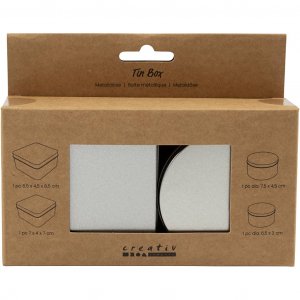 Blikken, rond en vierkant, grijs metaal, 4 stuks, 6,5-8,5 cm