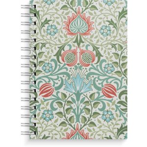 Notitieboekje A5 met blauwe/groene bloemen, gelinieerd en spiraalgebonden.