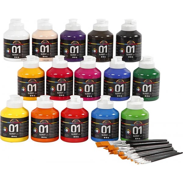 Schoolverf - Acryl - set met penselen - gemengde kleuren - glanzend