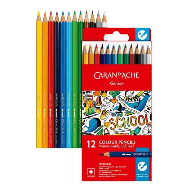 Schoolset Caran d'Ache Wateroplosbare kleurpotloden - 12 kleuren