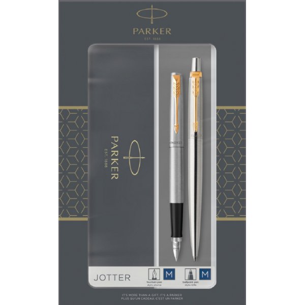 Pennenset Parker Jotter - Duoset balpen & vulpen - Roestvrij staal - Blauw Stainless Steel GT