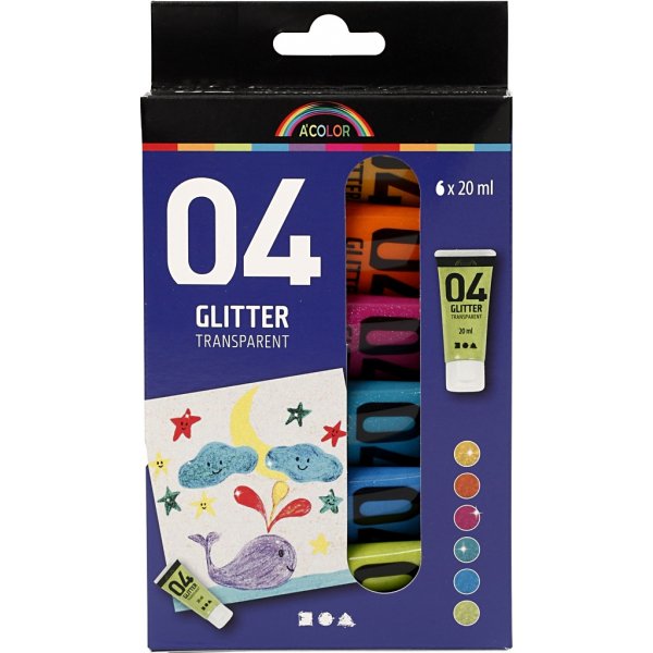 Schoolverf - Acryl - Glitter - gemengde kleuren - 6 x 20 ml Schoolverf - Acryl - Glitter - gemengde kleuren - 6 x 20 ml