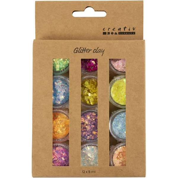 Glitterklei, gemengde kleuren, 12x5 ml Glitterklei, gemengde kleuren, 12x5 ml