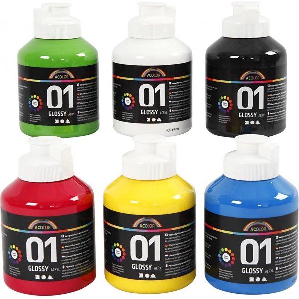 Schoolverf - Acryl - primaire kleuren - glanzend - 6 x 500 ml Schoolverf - Acryl - primaire kleuren - glanzend - 6 x 500 ml