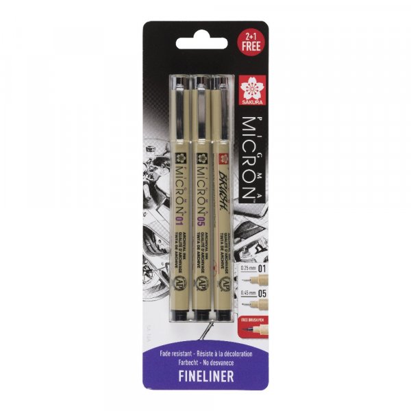 Fineliner Pigma Micron Set - 3 pennen (01, 05, Penseel)