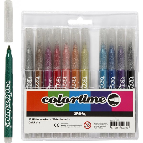 Colortime Glittermarker - gemengde kleuren - 2 mm - 12 st