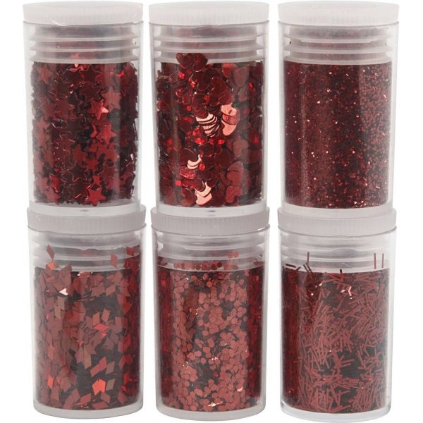 Glitter en pailletten - rood - 6 x 5 gr Glitter en pailletten - rood - 6 x 5 gr