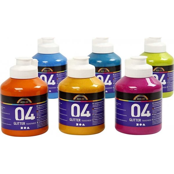 Schoolverf - Acryl - Glitter - gemengde kleuren - 6 x 500 ml