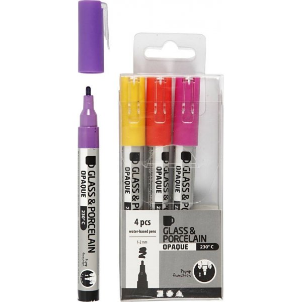 Glas- en porseleinstift - oranje - paars - lichtrood - geel - semi-dekkend - 1-2 mm - 4 stuks