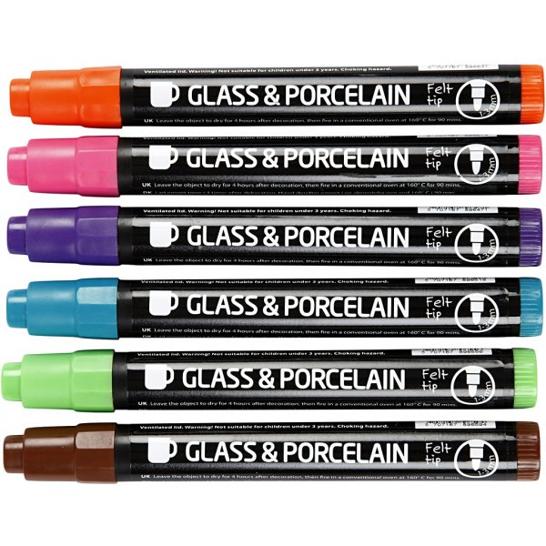 Markeerstiften voor glas en porselein - complementaire kleuren - semi-dekkend - 6 st Markeerstiften voor glas en porselein - complementaire kleuren - semi-dekkend - 6 st