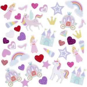 Schuimstickers Hart Prinses Eenhoorn 13-50 mm Paars/Roze 150 stuks