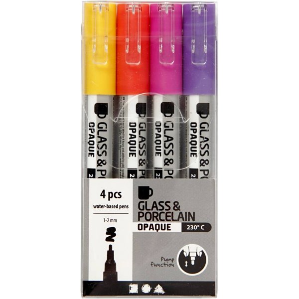 Glas- en porseleinstift - oranje - paars - lichtrood - geel - semi-dekkend - 1-2 mm - 4 stuks