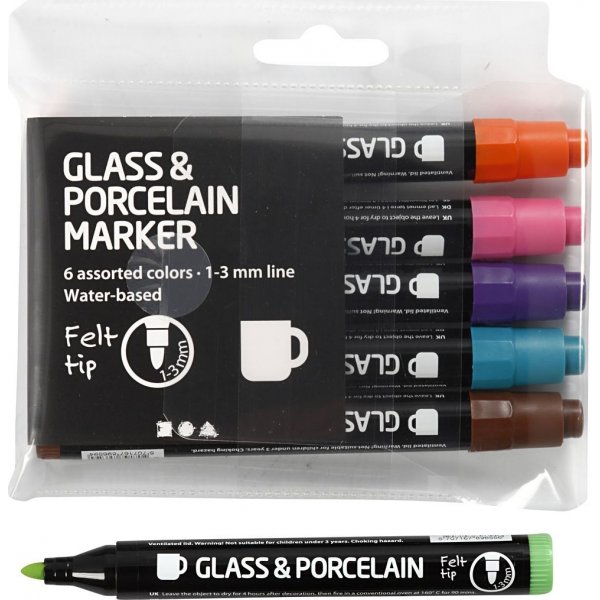Markeerstiften voor glas en porselein - complementaire kleuren - semi-dekkend - 6 st